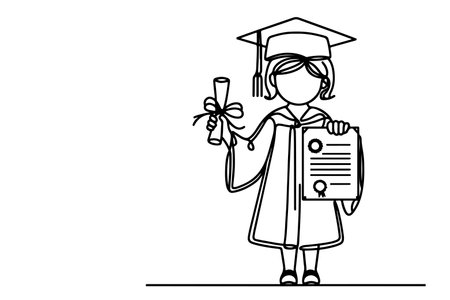 one continuous black line art drawing of school student kid graduate holding certificate paper doodle style vector on white backgroundのイラスト素材