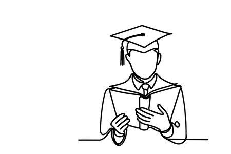 one continuous black line art drawing of school student kid graduate holding certificate paper doodle style vector on white backgroundのイラスト素材