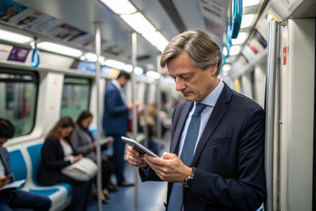 Entrepreneur checking emails and reports on mobile phone while commuting on a trainの素材