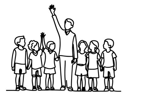One continuous line drawing of a group of children holding each other's hands. Doodle linear drawing. Happy children's day concept on white. vectorのイラスト素材