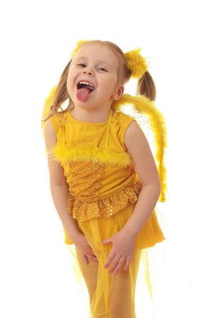 Girl angel in yellow on a white background.の写真素材