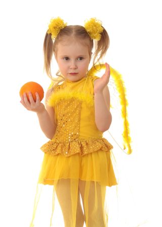 Girl angel in yellow on a white background. の写真素材