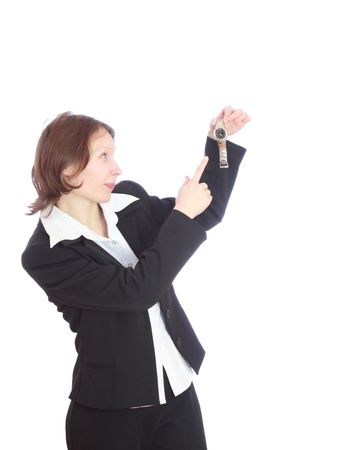 She pointed a finger at his watch.の写真素材