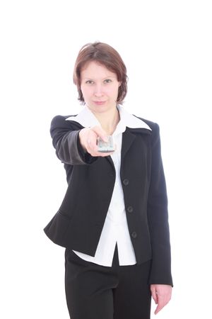 A woman with a remote control in his hands.の写真素材