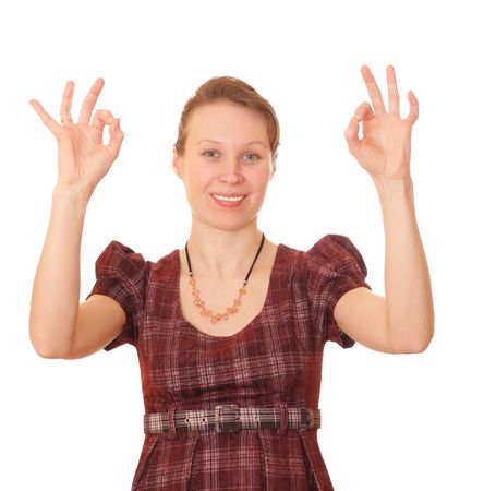 The Girl on white background shows the gestures.の写真素材