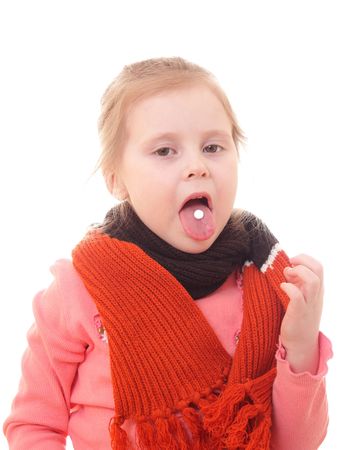 Sick girl in a scarf on a white background.の写真素材