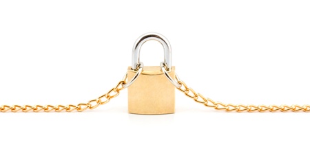 Chain on the lock on a white background.の写真素材