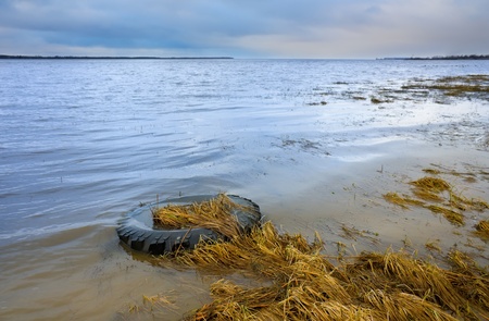 The wheel of a car in the water.の写真素材