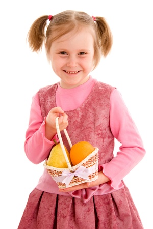 Girl with fruit on a white background.の写真素材