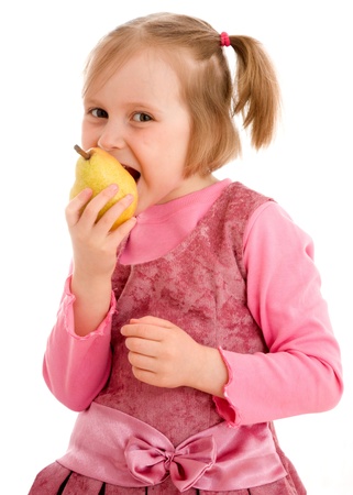 Girl with fruit on a white backgroundの写真素材