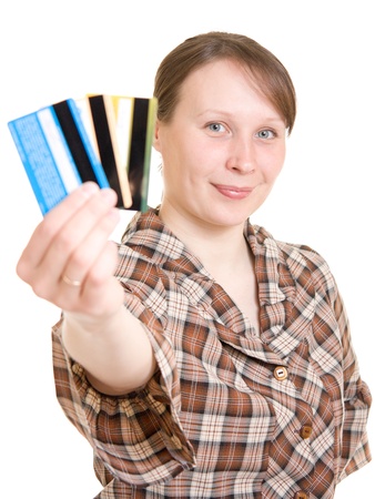 Girl with a debit card in handの写真素材