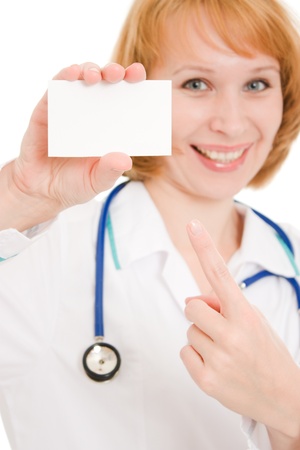 Doctor holding blank card on white background.の写真素材