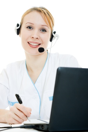 A woman doctor operator on a white background.の写真素材