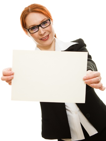 BusineBusiness Woman in glasses with the red haired showing blank signboard on a white background.sswoman in glasses with the red hairの写真素材