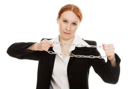 Businesswoman tearing the chain hands on a white background の写真素材