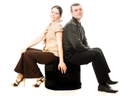 Quarrel between men and women on a white background.の写真素材