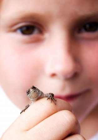 Child holds a lizard in his hand on his face.の写真素材