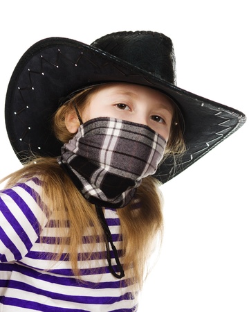 Girl cowboy with a bandage on his face in a black hat on a white background.の写真素材