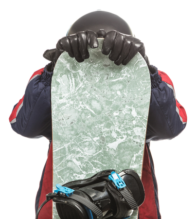 Male snowboarder with the board on a white background.の写真素材
