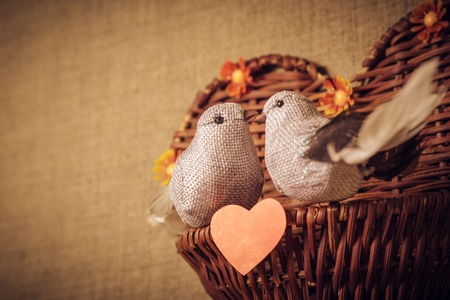 The concept of Valentine's Day two little bird the lovers, heart. Photos in retro style.