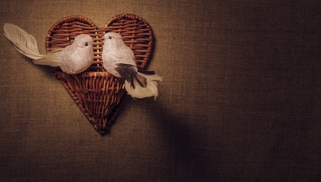 The concept of Valentine's Day two little bird the lovers, heart. Photos in retro style.