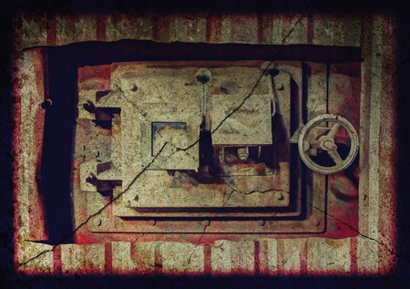 Horizontal image of a rusted tank hatch in an abandoned factory.の写真素材