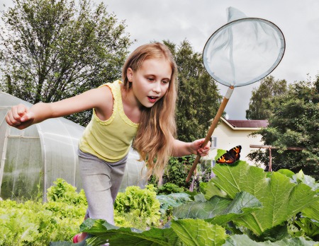 Surprised girl catching butterflies in the garden.の写真素材