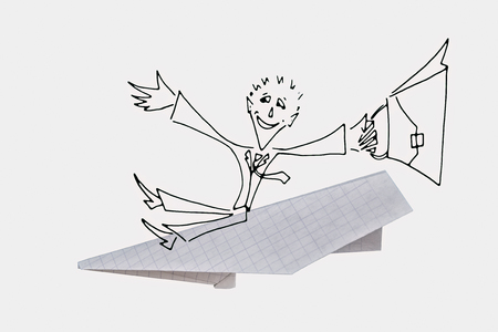 Drawn businessman on paper airplane.の写真素材