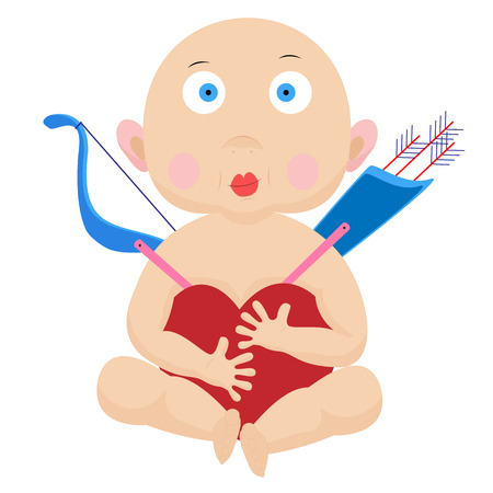 Vector illustration Cute Cupid with arrows and a bow hugging the heart.のイラスト素材