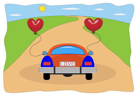 The couple leaves on a wedding love trip. Vector greeting card.のイラスト素材
