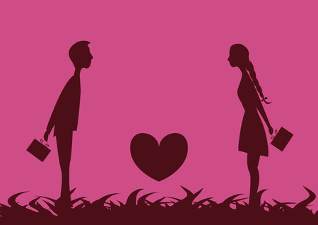 Young couple in love attracted to each other and hiding behind gift on Valentines Day.Between the young people is the heart.のイラスト素材