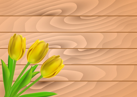 Vector greeting card template with tulip flowers on wooden planks.のイラスト素材