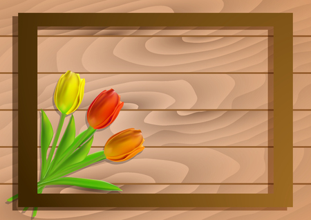Vector greeting card template with tulip flowers on wooden planks. Realistic meshes petals. For mothers day, womens day, st.valentines day, 8 march, easter or other holidays design.のイラスト素材