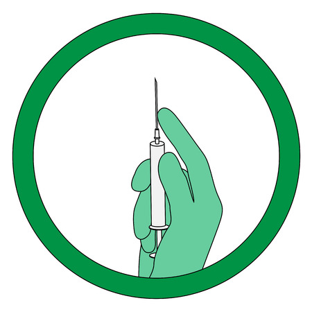 Icon in the form of a hand with a syringe for injection. Vector illustration.のイラスト素材