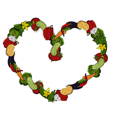 Vector icons of vegetables, installed in a cartoon style, are folded into a square frame in the form of a heart. . Collection of agricultural products for the restaurant menu, market label.のイラスト素材