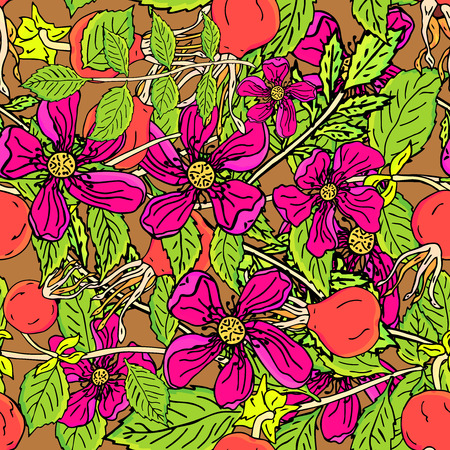 Dogrose berries seamless pattern. Vector background wild rose fruits with green leaf for design label syrup, tea packaging or printing fabric.の写真素材