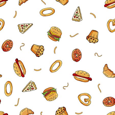 Seamless pattern of scattered hot dogs, pizza, squirrels, quacks, cupcakes on the surface.のイラスト素材
