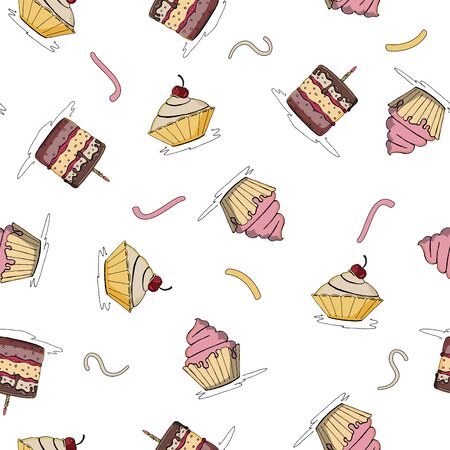 A seamless pattern of scattered cakes and pastries on the surface.のイラスト素材