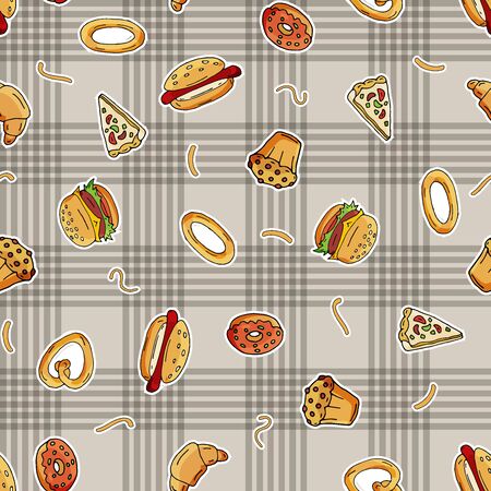 A seamless pattern of scattered cakes and pastries on the surface.のイラスト素材