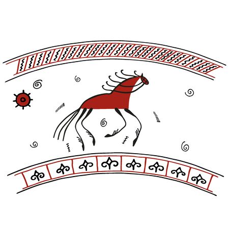 Galloping horse on the earths firmament and under the firmament of heaven filled with rain.のイラスト素材