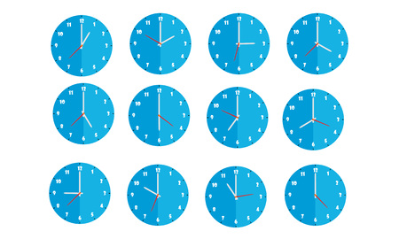 Set of twelve flat blue round design wall clocks isolated on white background, from one to twelveのイラスト素材