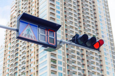 LED traffic pedestrian warning no pedestrian traffic and traffic light go redの写真素材