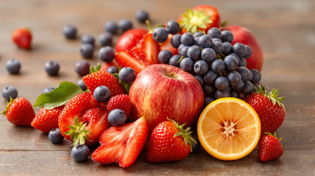 Fresh fruits and berries on wooden background. Healthy food concept. Selective focus.の写真素材