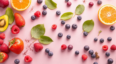 Fruits and berries on pink background. Top view, flat layの写真素材