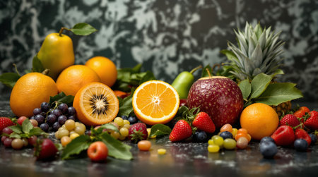 Variety of fresh fruits and berries on dark background. Healthy eating concept.の写真素材