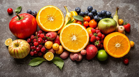 Fresh fruits and vegetables on stone background. Top view with copy spaceの写真素材