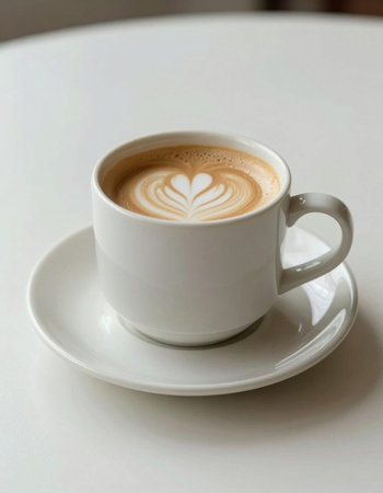 A cup of cappuccino on a white table with latte art