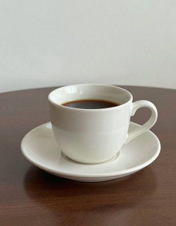 Cup of coffee on a wooden table with white background, stock photo
