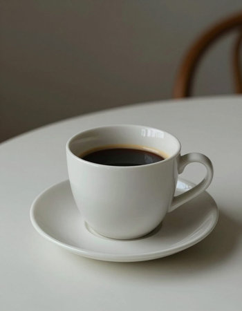 Cup of coffee on a white table. Coffee cup on a white table.