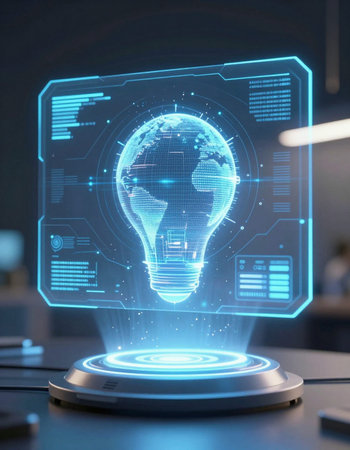 Glowing light bulb with globe hologram on office desktop background. Idea concept. 3D Rendering